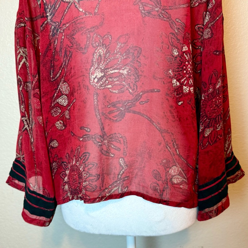 Chico’s Sheer Silk Shrunken Kimono Top Jacket Shacket Red Black Size Medium - Picture 9 of 14